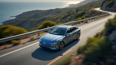 Image d'une berline électrique Hyundai sur une route côtière entourée de verdure