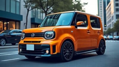 Image du Nissan Cube de face, montrant son design unique et coloré en milieu urbain.
