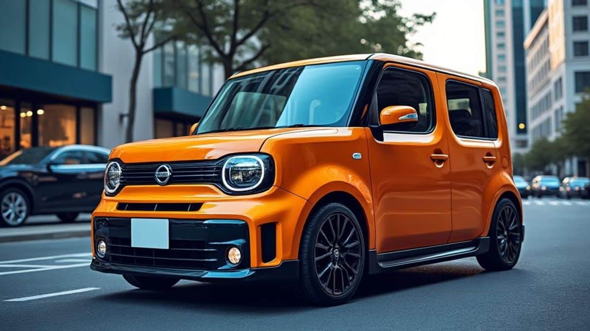 Image du Nissan Cube de face, montrant son design unique et coloré en milieu urbain.