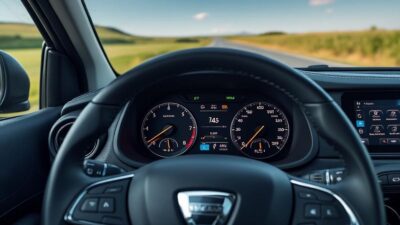 Indicateurs d'alerte sur le tableau de bord d'une Dacia devant un arrière-plan flou et scénique