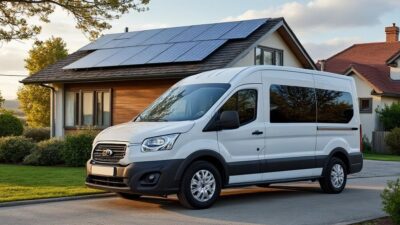 Véhicule solaire garé devant une maison avec panneaux solaires.