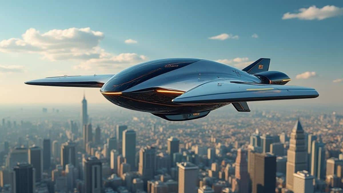 Image de véhicules volants futuristes flottant au-dessus d'une ville animée, propulsés par des technologies avancées.