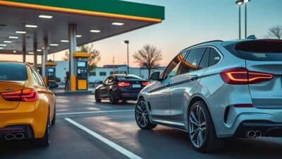 Photo d'une station-service animée avec des voitures faisant le plein, soulignant l'importance de la vigilance lors du ravitaillement.