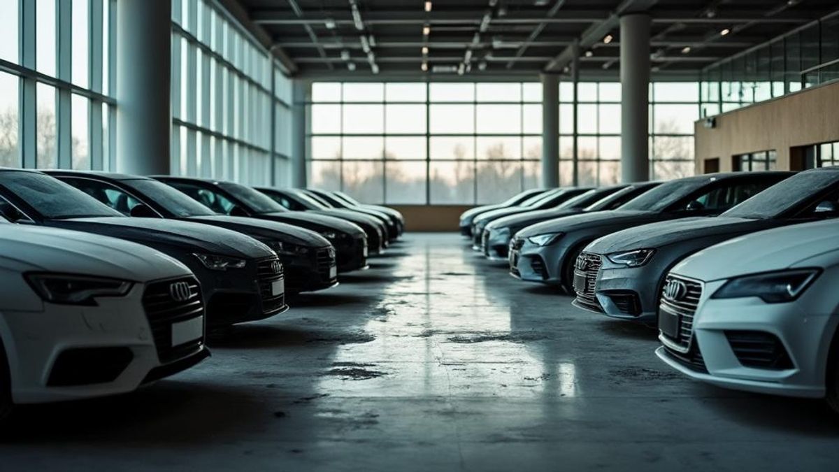 Image d'un showroom vide avec des voitures poussiéreuses illustrant le calme après un départ inattendu.