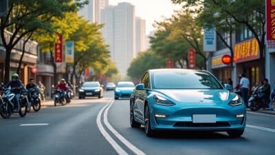 Scène urbaine colorée en Chine avec véhicules électriques prisés par les consommateurs