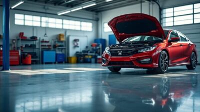 Un garage immaculé avec un capot ouvert, représentant l'importance de la maintenance préventive automobile.