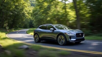 Voiture électrique Jaguar vue latérale sur route sinueuse avec verdure environnante