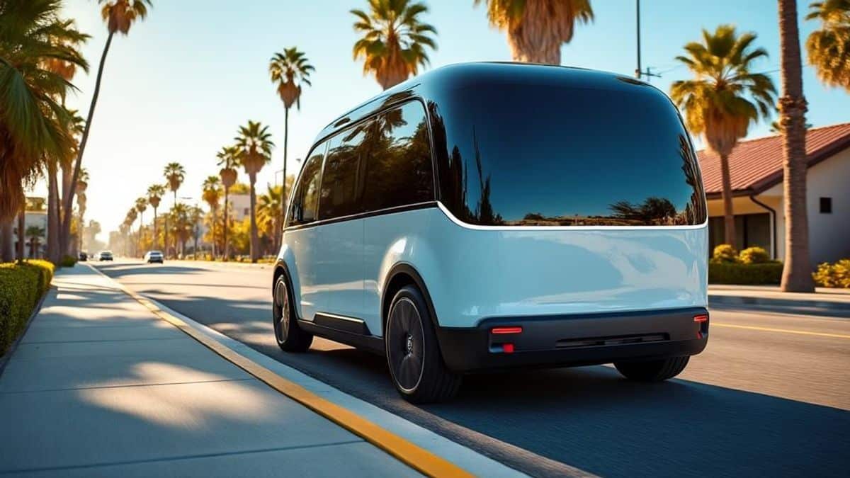 Prototype de van électrique sous le soleil californien, bordé de palmiers