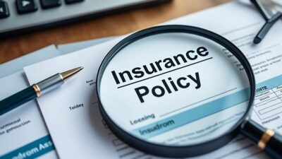 Gros plan sur un document d'assurance soulignant les détails des petites lettres à l'aide d'une loupe.