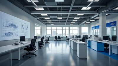 Bureau Ford vide avec plans et croquis