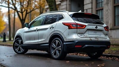 Image montrant l'extérieur d'un Nissan Qashqai stationné avec des traces d'usure visible.