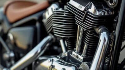 Détail sur le moteur complexe d'une moto ancienne, illustrant l'ingénierie et le style artistique.