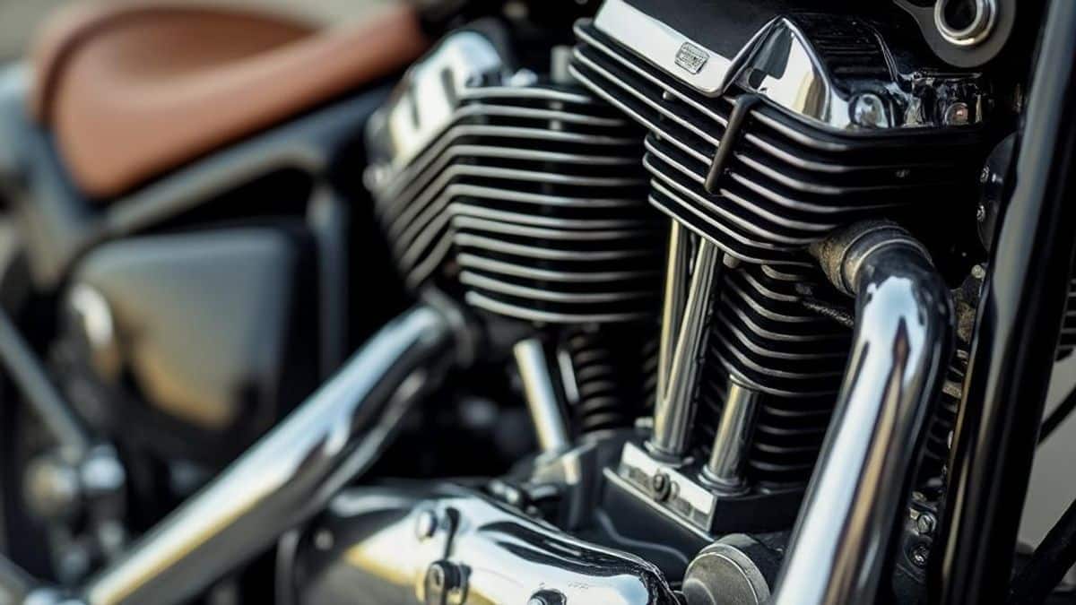 Détail sur le moteur complexe d'une moto ancienne, illustrant l'ingénierie et le style artistique.