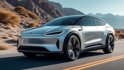 Photo vue côté véhicule électrique avec système hybride intégré, anticipant aventures.