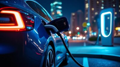 Image d'un véhicule électrique connecté à une station de recharge innovante brillant dans une ville moderne.