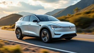 Un SUV électrique parcourt une route panoramique, illustrant l'accessibilité et l'écologie.