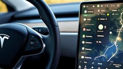 Détails des technologies avancées dans le véhicule Tesla, avec commandes simplifiées et écrans
