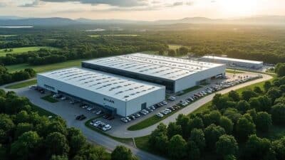 L'usine de Rivian vue du ciel, entourée d'une végétation luxuriante et incarnant l'innovation durable.