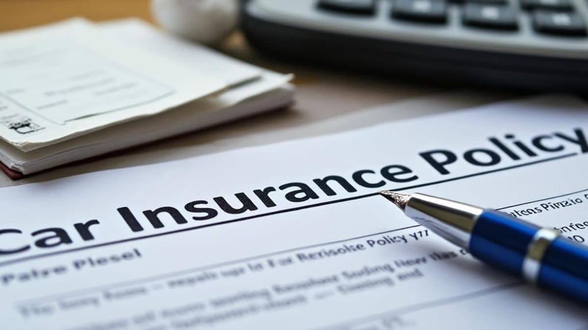 Image d'un document de police d'assurance automobile en gros plan avec un stylo, représentant des commencements et des renouvellements.