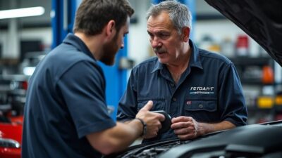 Un moment d'échange entre un mécanicien et son client sur les services possibles, avec des pièces automobiles visibles en arrière-plan.