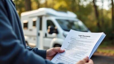 Personne tenant des papiers importants pour changer la propriété d'un camping-car.