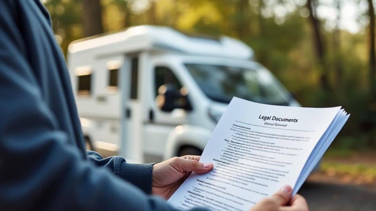 Personne tenant des papiers importants pour changer la propriété d'un camping-car.