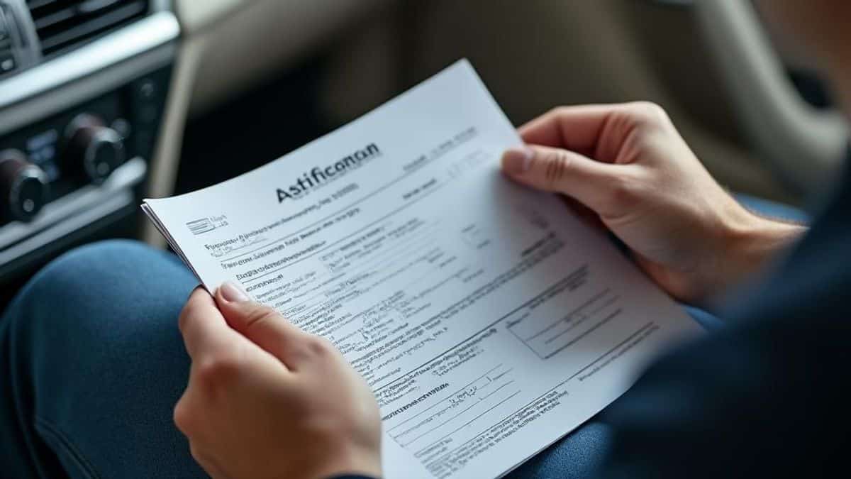 Mains en gros plan consultant un document officiel sur l'historique d'une voiture sous un éclairage tamisé.