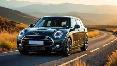 Image d'une Mini Clubman élégante garée sur une route de campagne pittoresque