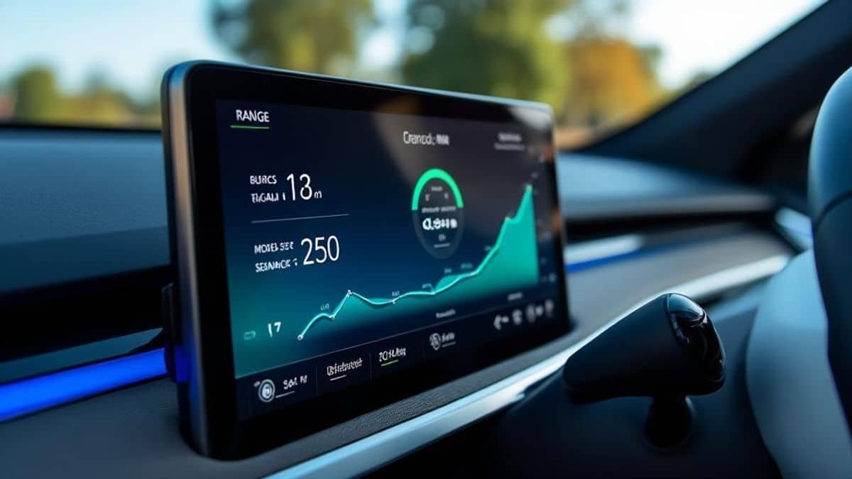 Vue sur le tableau de bord d'un véhicule électrique avec autonomie impressionnante.
