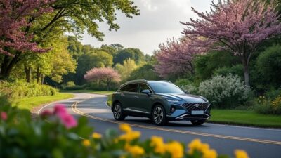 Véhicule utilitaire sportif hybride sur route entourée de nature abondante et fleurs colorées.