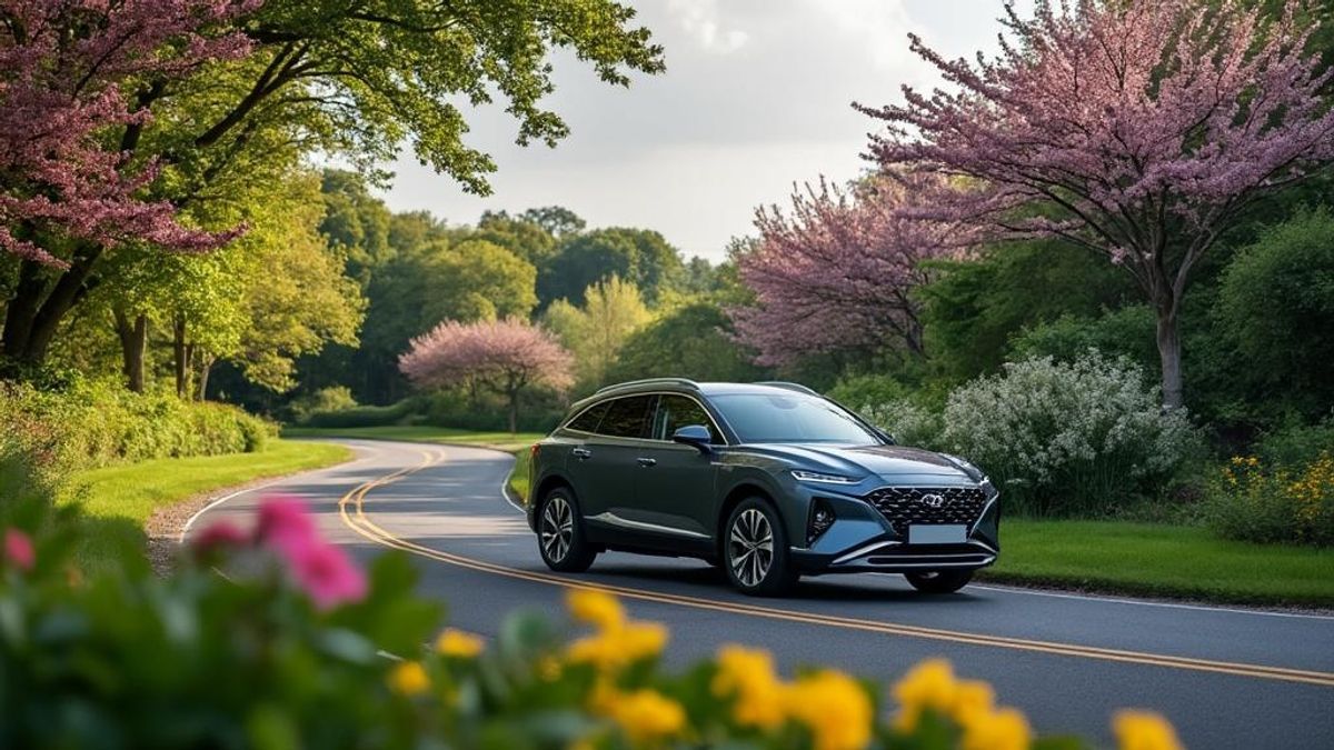Véhicule utilitaire sportif hybride sur route entourée de nature abondante et fleurs colorées.