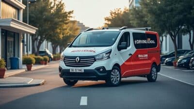 Photo d'une voiture d'auto-école moderne devant un bâtiment, optimisée pour la formation des conducteurs.