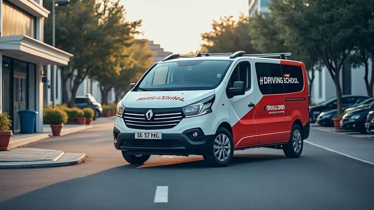 Photo d'une voiture d'auto-école moderne devant un bâtiment, optimisée pour la formation des conducteurs.