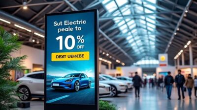 Bannière captivante avec promotions sur voitures électriques à un salon auto actif.