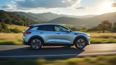 Vue latérale d'une Ford électrique traversant un paysage