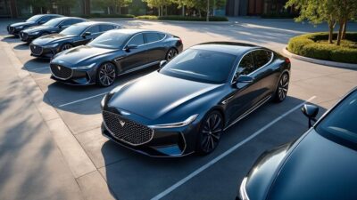 Vue aérienne de voitures électriques Genesis en rangée révélant design élégant et respect écologique.