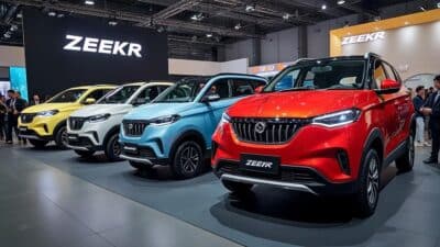 Image de quatre modèles Zeekr présentés ensemble lors d'un événement automobile.