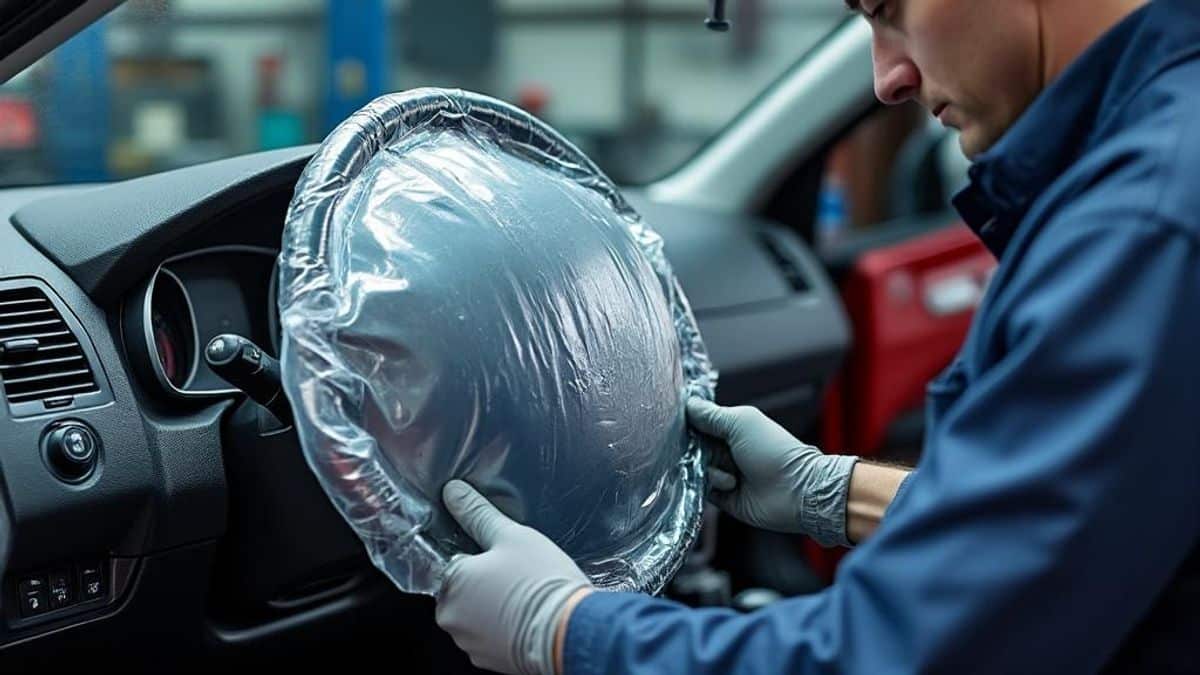 Vue en séquence d'un remplacement d'airbag, de la première étape à l'achèvement dans un atelier.