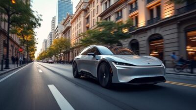 Voiture électrique élégante naviguant dans les rues animées de la ville