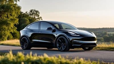 Voiture électrique Tesla Model Y innovante devant un paysage bucolique français