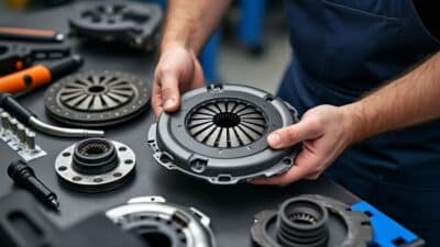 Mains tenant un kit d'embrayage neuf avec les composants indispensables pour l'installation