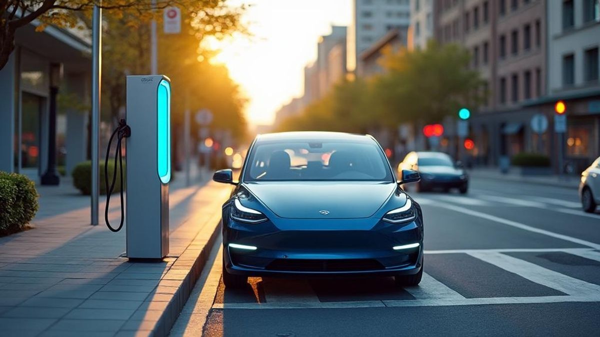 Voiture électrique moderne à une borne de recharge en ville