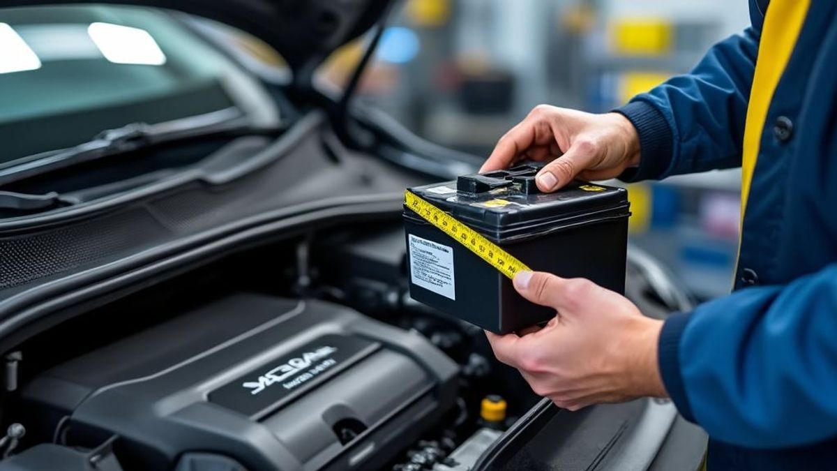 Mains mesurant une batterie à côté d'un véhicule compatible en garage.
