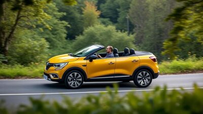 Image de la Renault avec le toit ouvert parmi une nature verdoyante