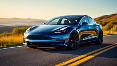 Une Tesla Model électrique garée dans un cadre naturel, soulignant la durabilité et les aventures de la voiture