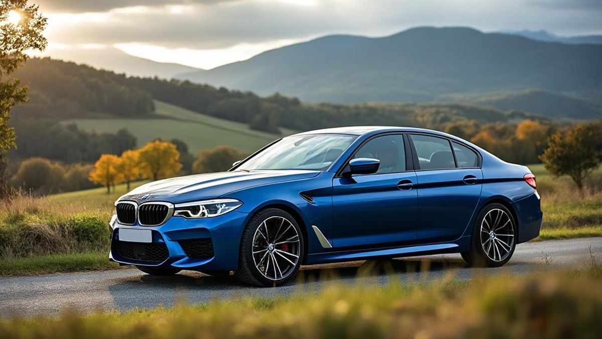 Profil latéral d'une BMW M3 dans un paysage idyllique, soulignant l'élégance et les lignes contemporaines de la voiture.