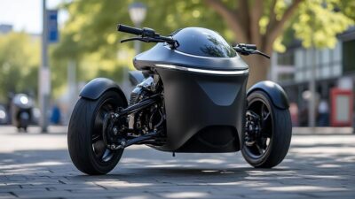 Vue rapprochée d'un quadricycle électrique français sophistiqué, soulignant son design innovant et sa technologie avancée.