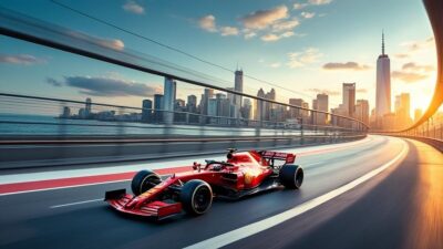 Photo d'une métropole avec une voiture de course symbolisant l'ambition internationale.