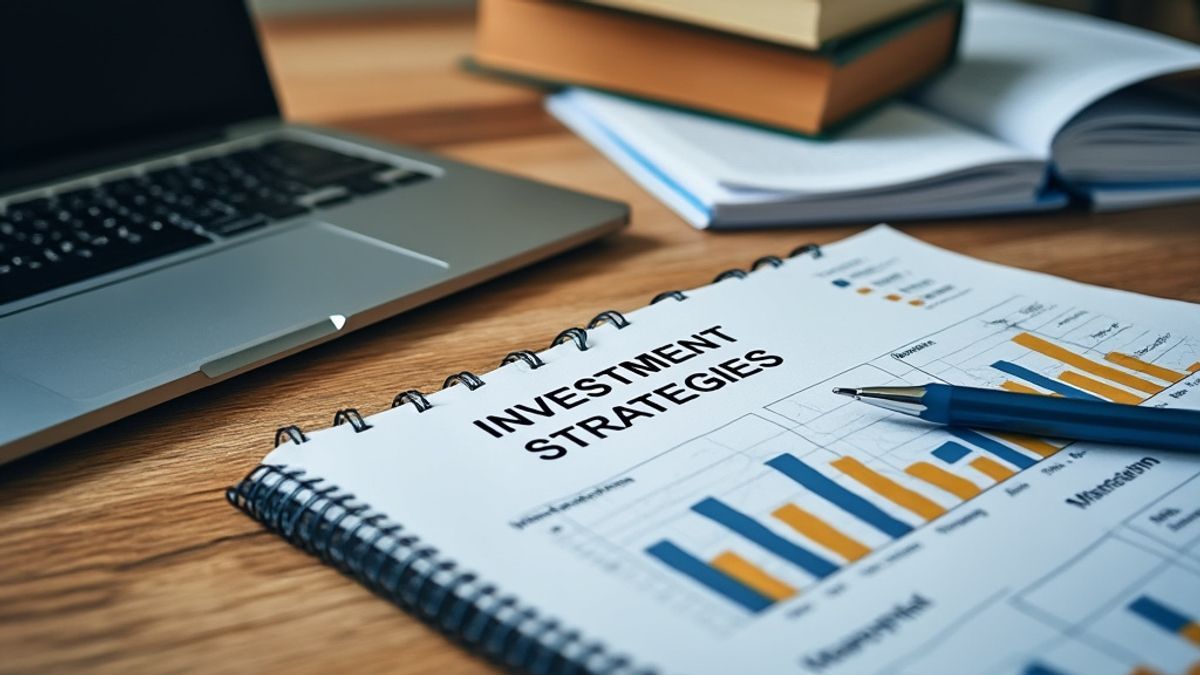 Photo d'un bureau avec ordinateur portable, livres sur les finances et carnet de stratégies d'investissement.