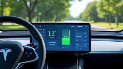 Vue du tableau de bord d'une voiture électrique affichant les informations de batterie et d'autonomie pendant une journée ensoleillée.